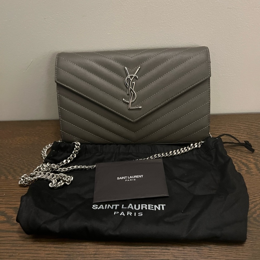 Saint Laurent Classic Wallet on Chain in Grey with Silver Hardware
